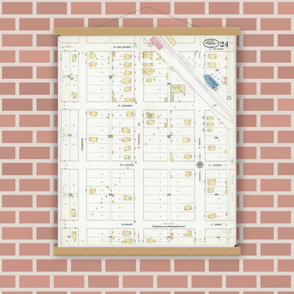 Old map wall art mockup — magnetic wood frame on brick wall — Sanborn Fire Insurance Map from Paris, Edgar County, Illinois (1916), Sheet #0024
