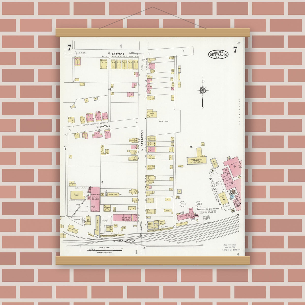 Old map wall art mockup — magnetic wood frame on brick wall — Sanborn Fire Insurance Map from Gettysburg, Adams County, Pennsylvania (1924), Sheet #0007