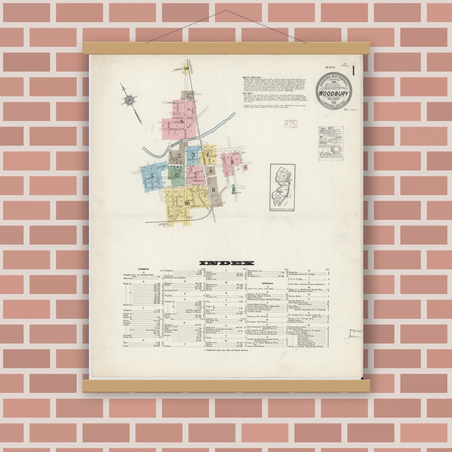 Old map wall art mockup — magnetic wood frame on brick wall — Sanborn Fire Insurance Map from Woodbury, Gloucester County, New Jersey (1915), Sheet #0001