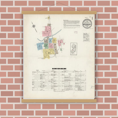 Old map wall art mockup — magnetic wood frame on brick wall — Sanborn Fire Insurance Map from Woodbury, Gloucester County, New Jersey (1915), Sheet #0001
