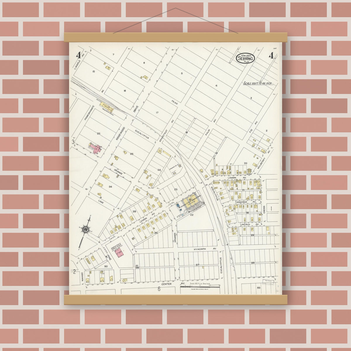 Old map wall art mockup — magnetic wood frame on brick wall — Sanborn Fire Insurance Map from Sebring, Highlands County, Florida (1924), Sheet #0004