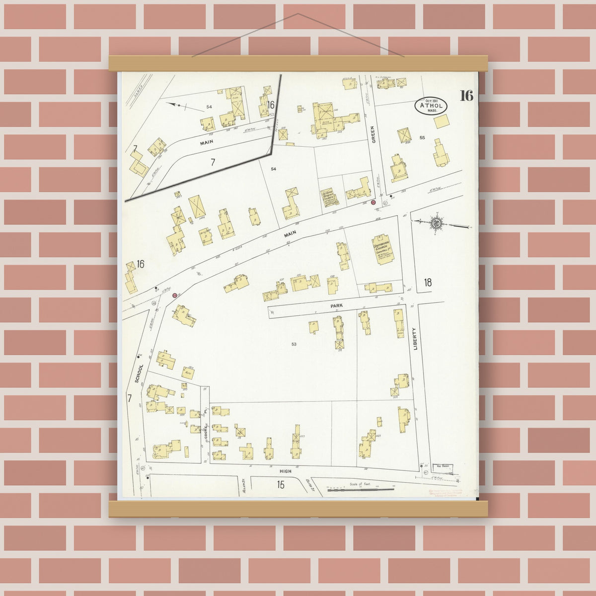 Old map wall art mockup — magnetic wood frame on brick wall — Sanborn Fire Insurance Map from Athol, Worcester County, Massachusetts (1911), Sheet #0016
