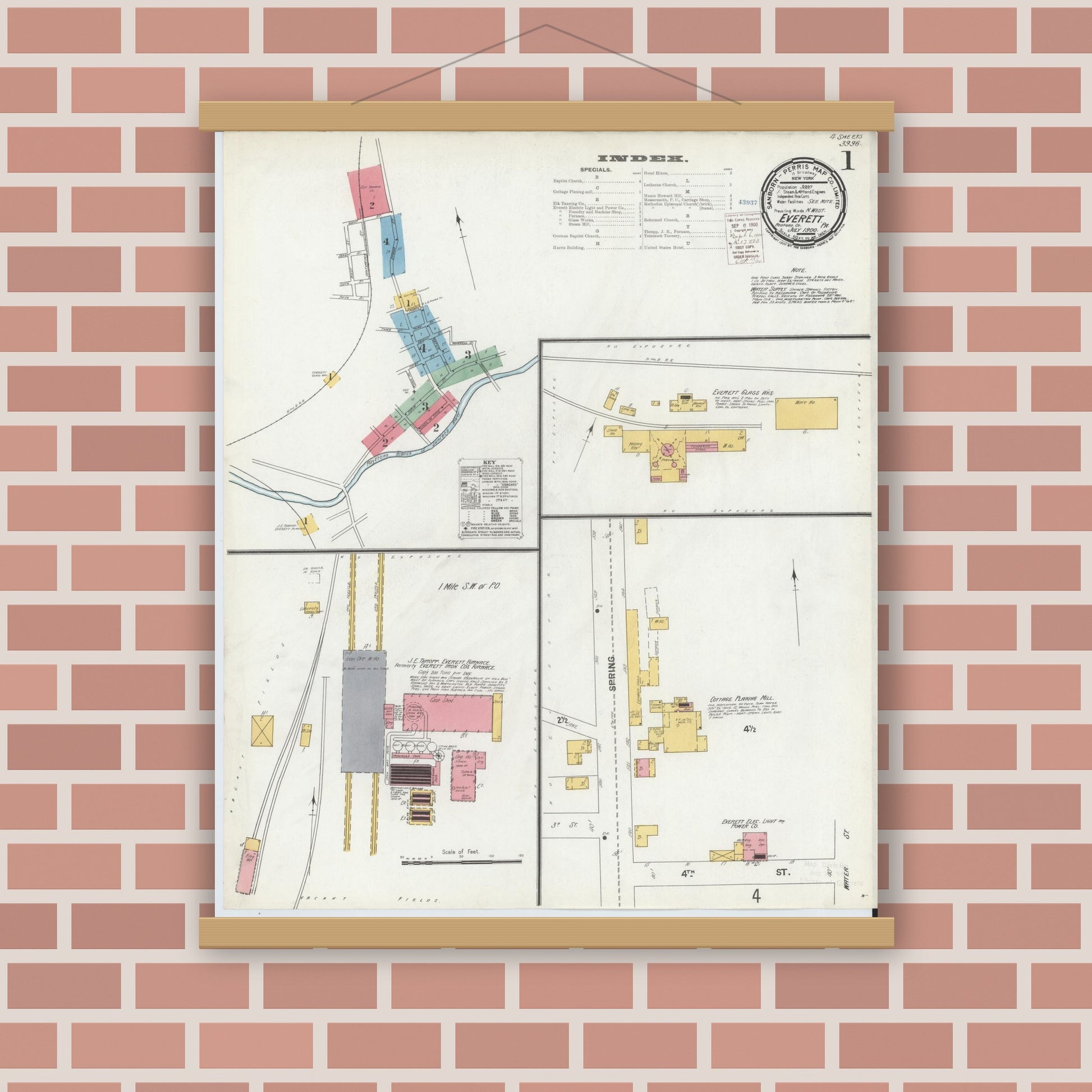 Old map wall art mockup — magnetic wood frame on brick wall — Sanborn Fire Insurance Map from Everett, Bedford County, Pennsylvania (1900) - Complete Map Set