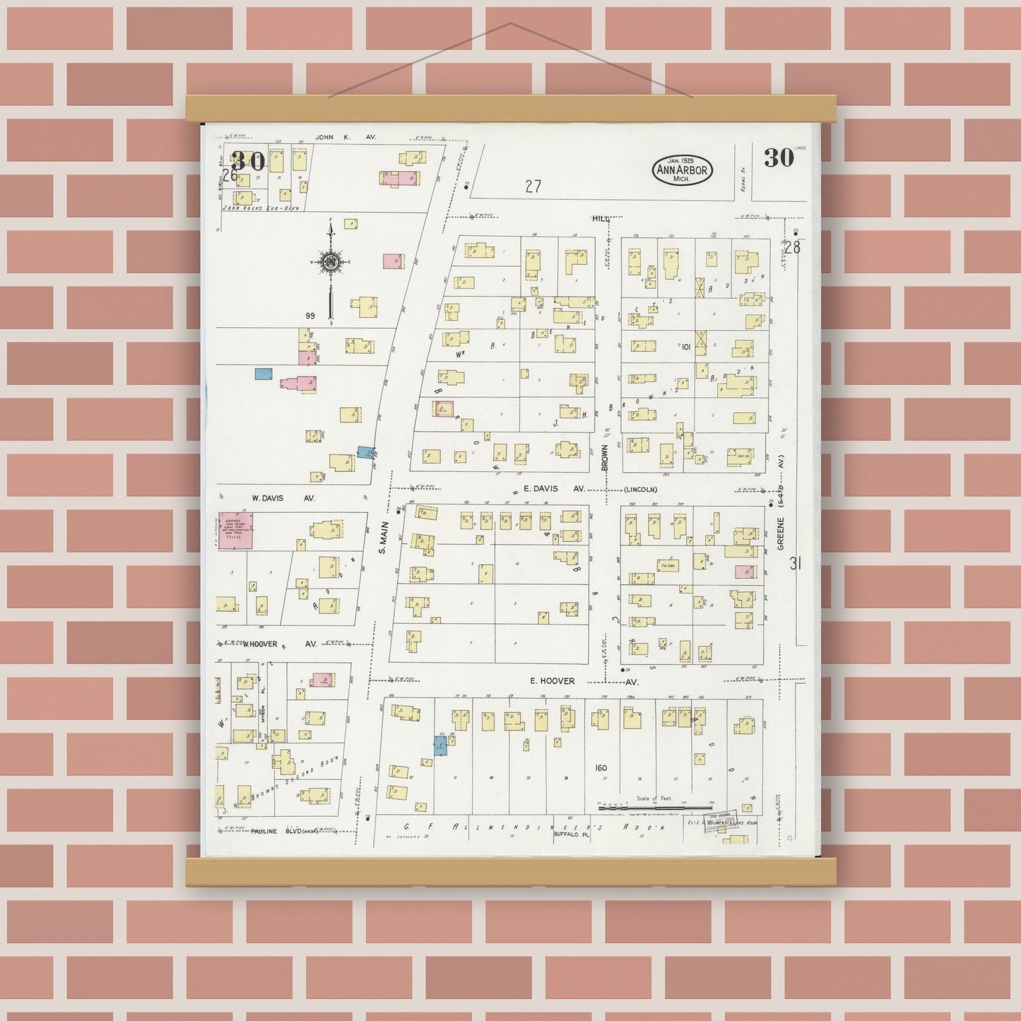 Old map wall art mockup — magnetic wood frame on brick wall — Sanborn Fire Insurance Map from Ann Arbor, Washtenaw County, Michigan (1925), Sheet #0030