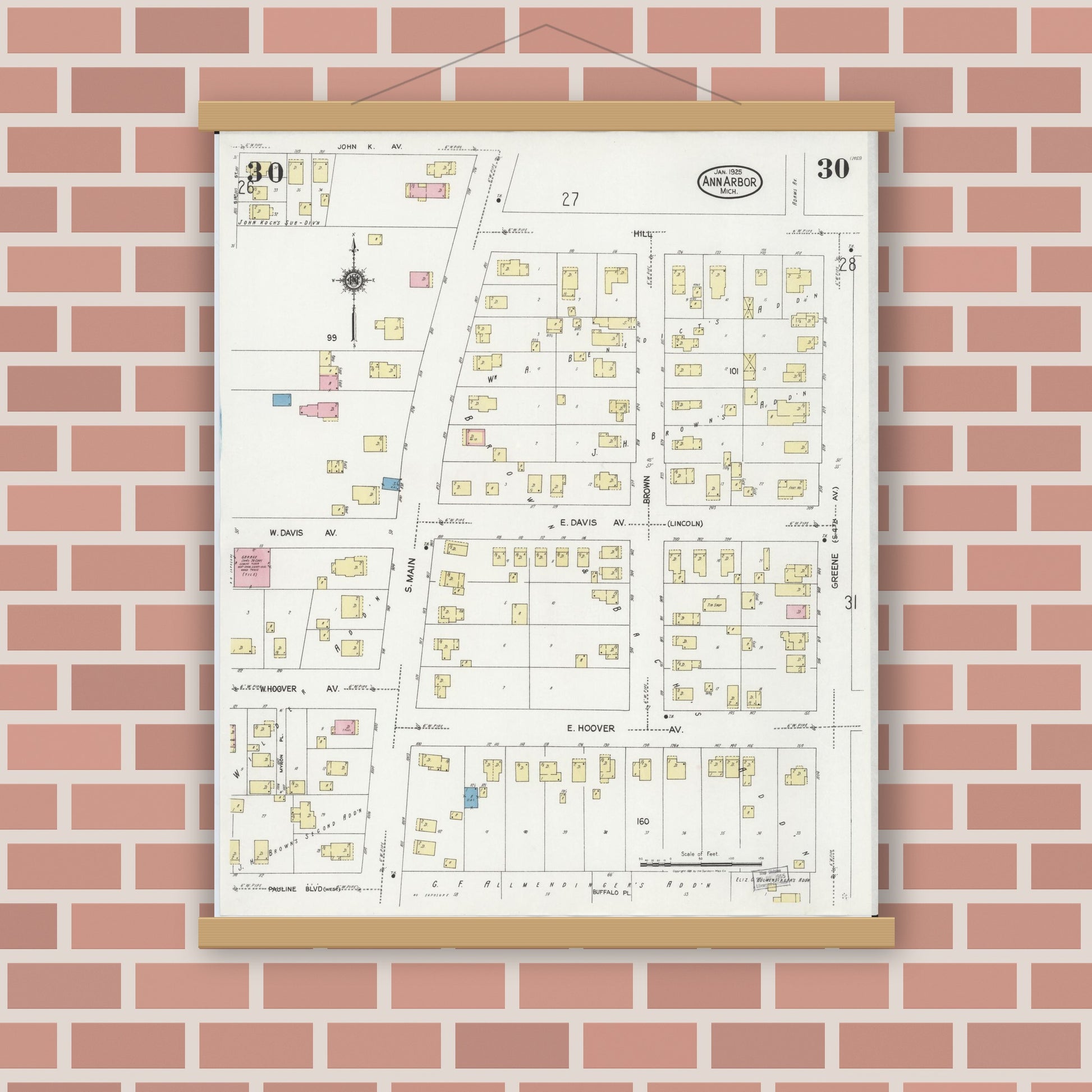 Old map wall art mockup — magnetic wood frame on brick wall — Sanborn Fire Insurance Map from Ann Arbor, Washtenaw County, Michigan (1925), Sheet #0030