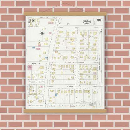 Old map wall art mockup — magnetic wood frame on brick wall — Sanborn Fire Insurance Map from Ann Arbor, Washtenaw County, Michigan (1925), Sheet #0030