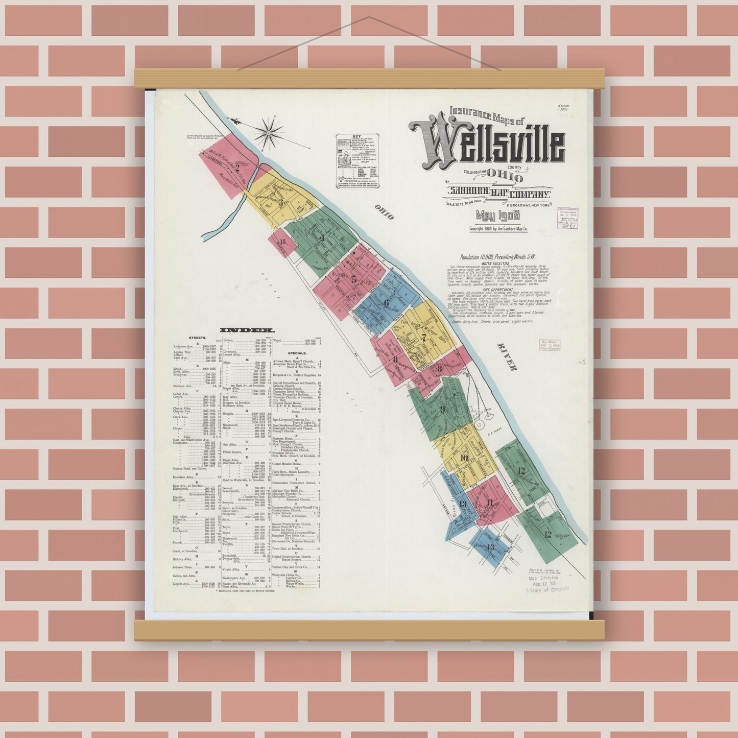 Old map wall art mockup — magnetic wood frame on brick wall — Sanborn Fire Insurance Map from Wellsville, Columbiana County, Ohio (1908) - Complete Map Set