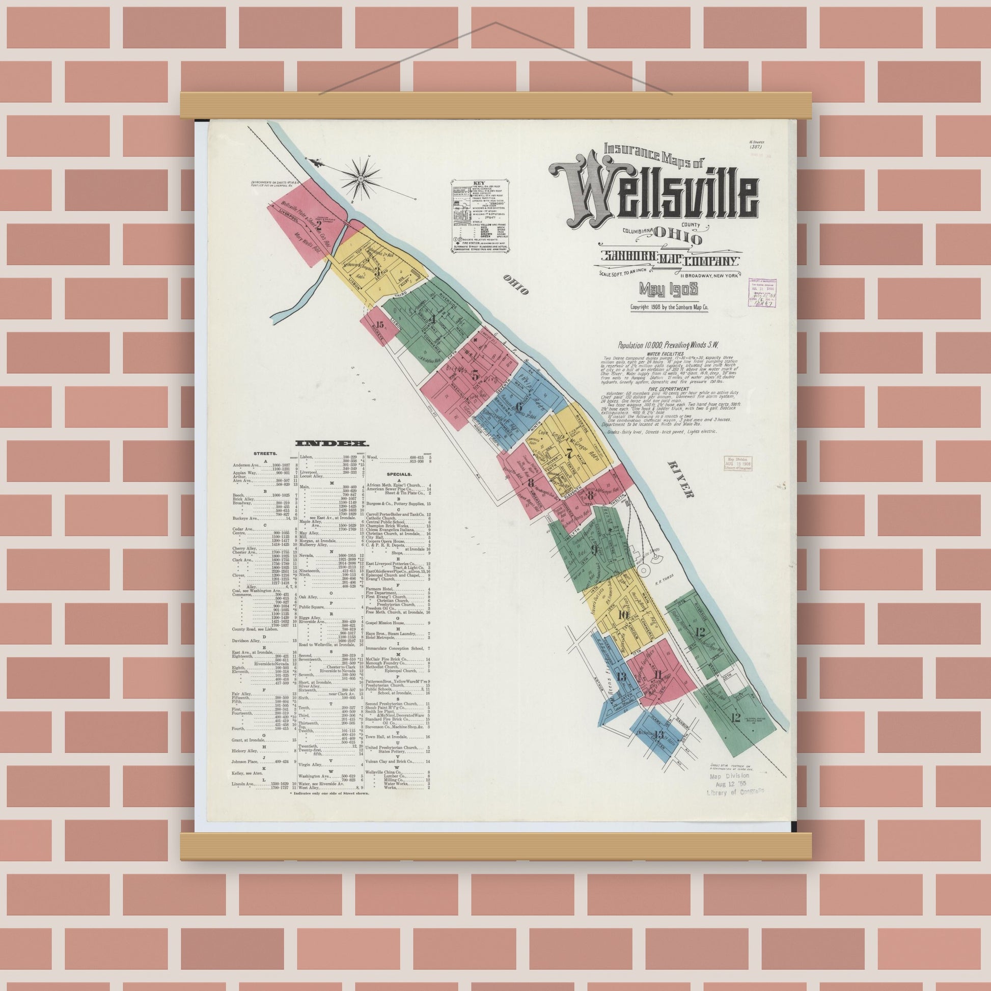 Old map wall art mockup — magnetic wood frame on brick wall — Sanborn Fire Insurance Map from Wellsville, Columbiana County, Ohio (1908) - Complete Map Set