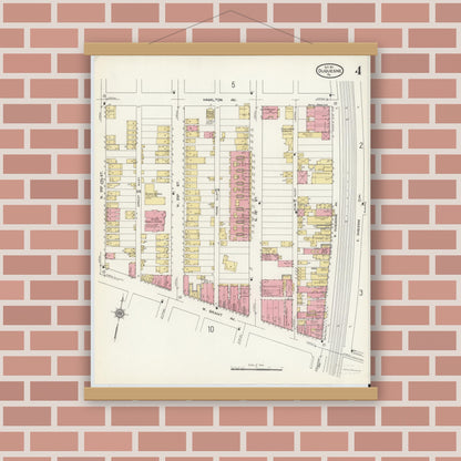 Old map wall art mockup — magnetic wood frame on brick wall — Sanborn Fire Insurance Map from Duquesne, Allegheny County, Pennsylvania (1911), Sheet #0004