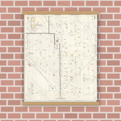 Old map wall art mockup — magnetic wood frame on brick wall — Sanborn Fire Insurance Map from Snyder, Scurry County, Texas (1942), Sheet #0007