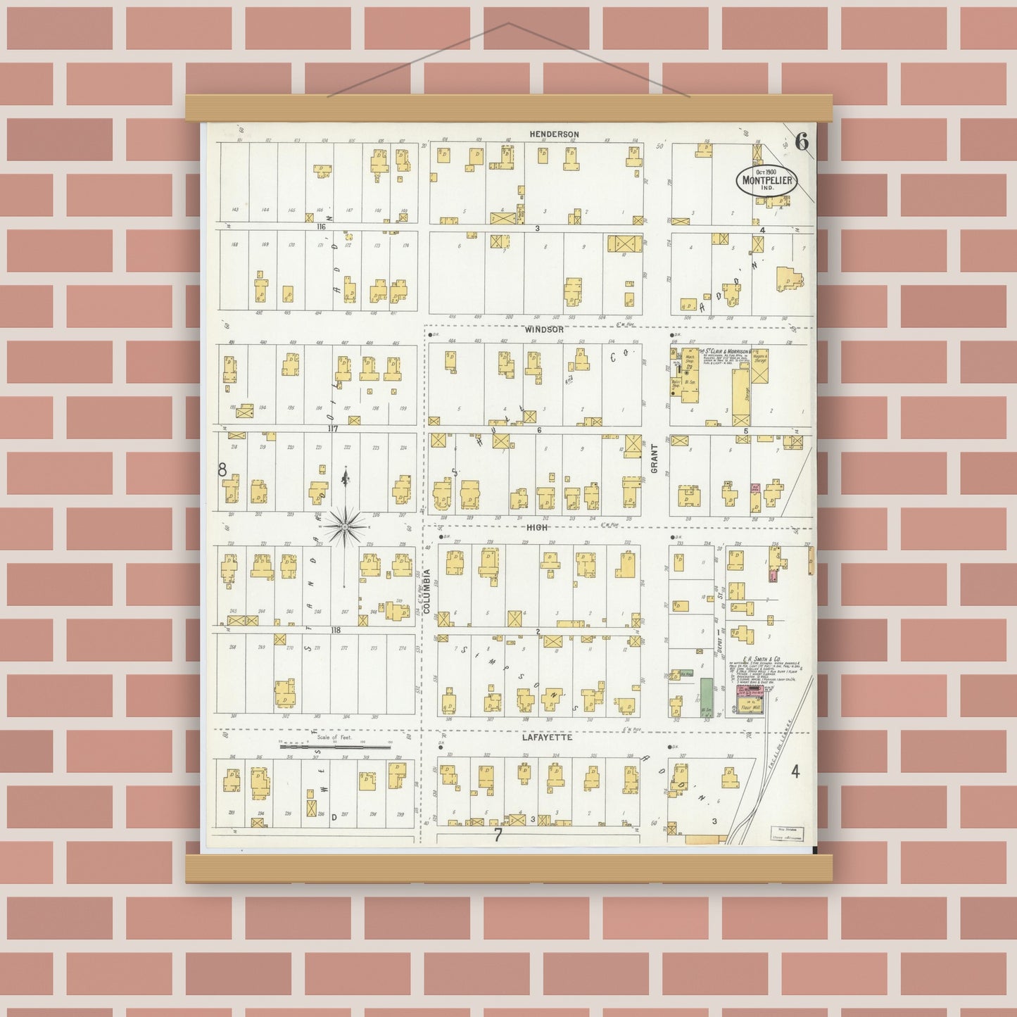 Old map wall art mockup — magnetic wood frame on brick wall — Sanborn Fire Insurance Map from Montpelier, Blackford County, Indiana (1900), Sheet #0006
