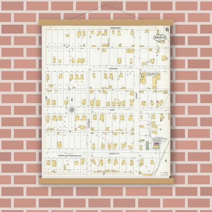 Old map wall art mockup — magnetic wood frame on brick wall — Sanborn Fire Insurance Map from Montpelier, Blackford County, Indiana (1900), Sheet #0006