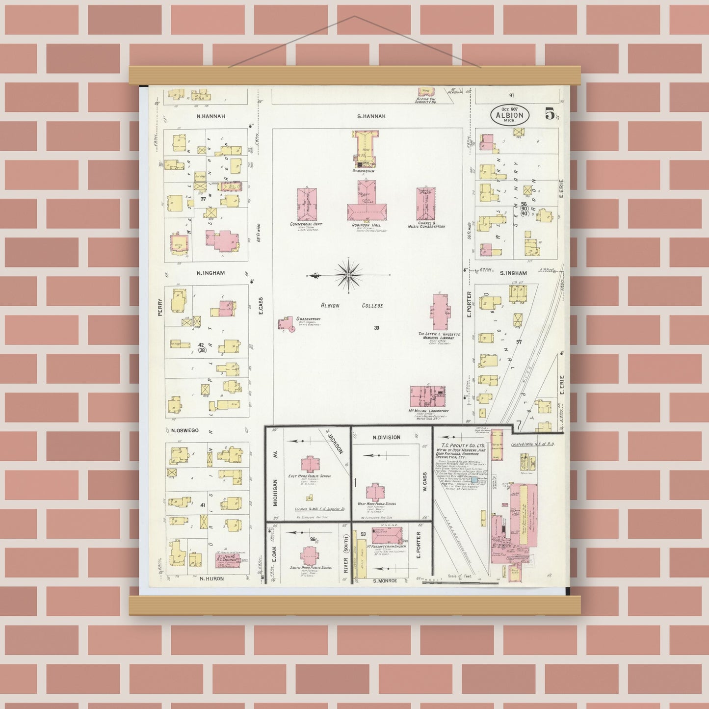 Old map wall art mockup — magnetic wood frame on brick wall — Sanborn Fire Insurance Map from Albion, Calhoun County, Michigan (1907), Sheet #0005
