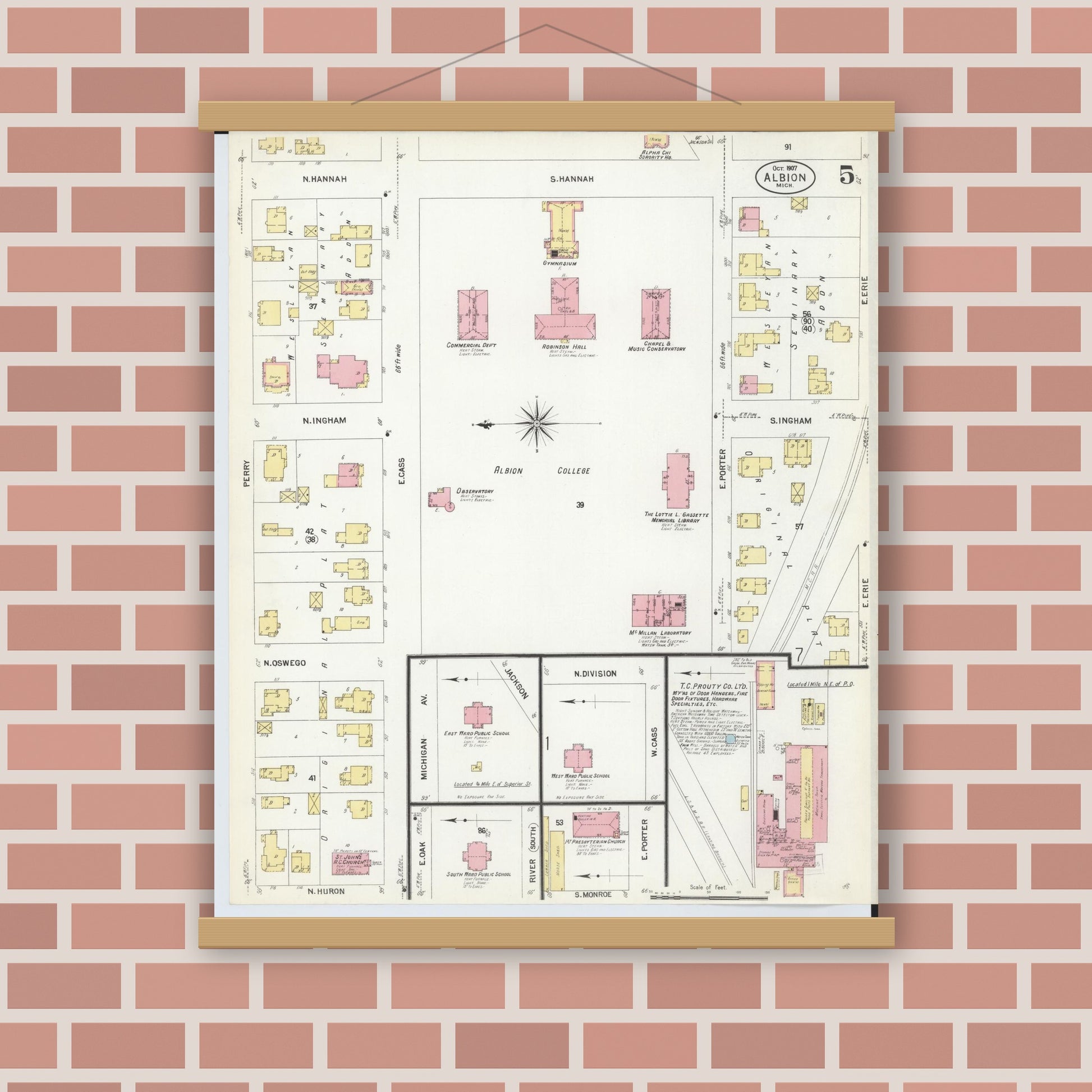 Old map wall art mockup — magnetic wood frame on brick wall — Sanborn Fire Insurance Map from Albion, Calhoun County, Michigan (1907), Sheet #0005