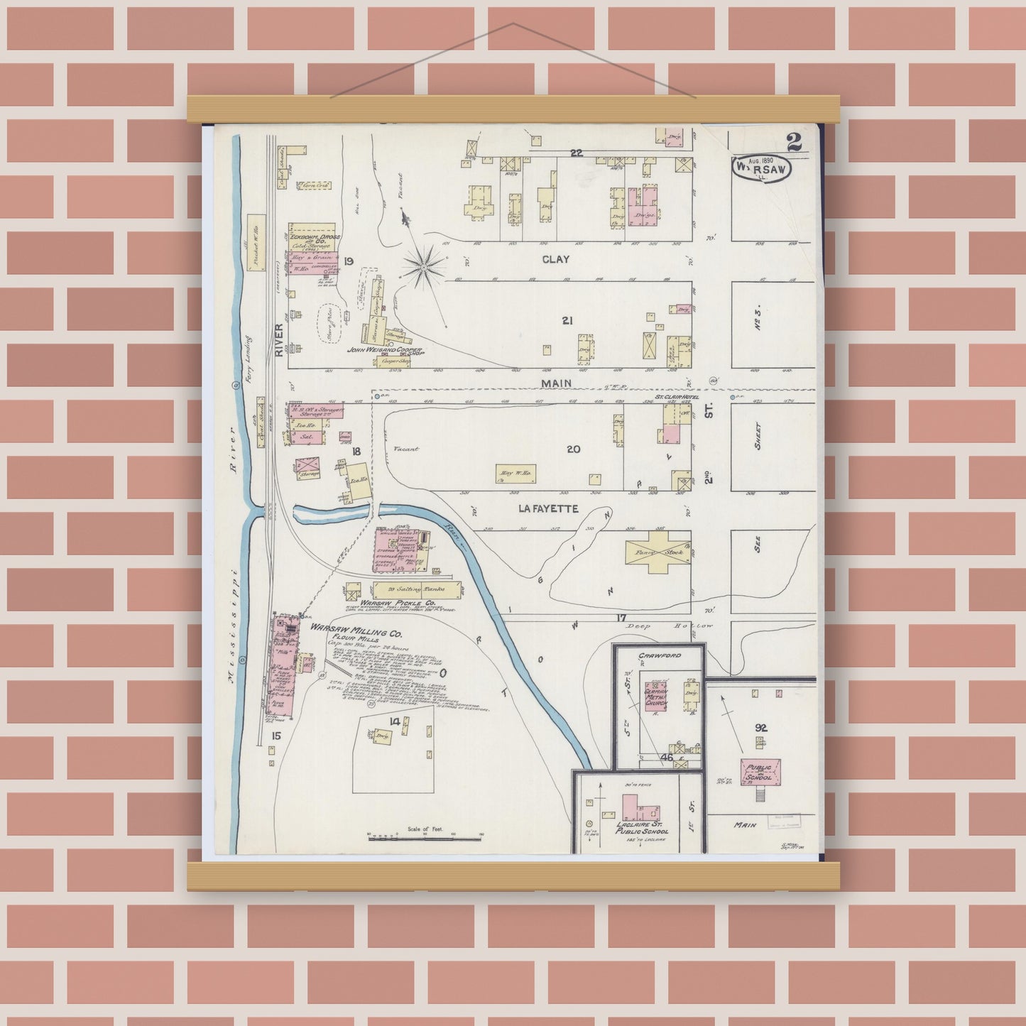 Old map wall art mockup — magnetic wood frame on brick wall — Sanborn Fire Insurance Map from Warsaw, Hancock County, Illinois (1890), Sheet #0002