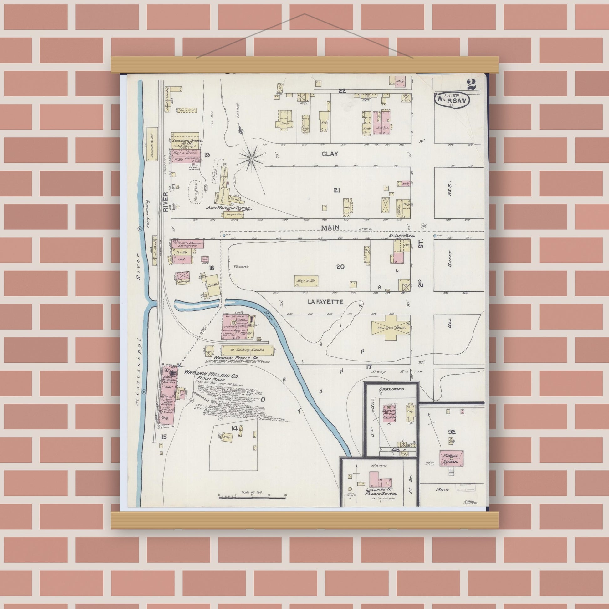 Old map wall art mockup — magnetic wood frame on brick wall — Sanborn Fire Insurance Map from Warsaw, Hancock County, Illinois (1890), Sheet #0002
