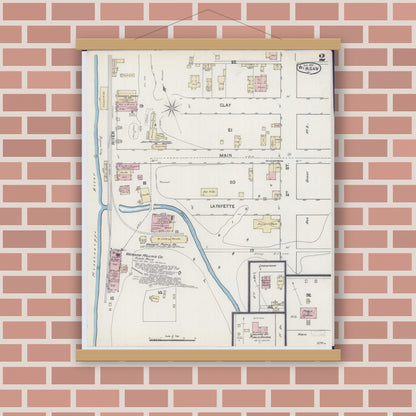 Old map wall art mockup — magnetic wood frame on brick wall — Sanborn Fire Insurance Map from Warsaw, Hancock County, Illinois (1890), Sheet #0002