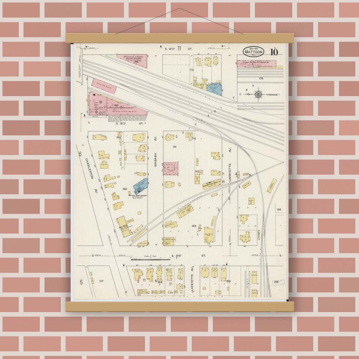 Old map wall art mockup — magnetic wood frame on brick wall — Sanborn Fire Insurance Map from Mattoon, Coles County, Illinois (1915), Sheet #0010
