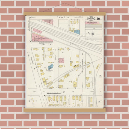 Old map wall art mockup — magnetic wood frame on brick wall — Sanborn Fire Insurance Map from Mattoon, Coles County, Illinois (1915), Sheet #0010