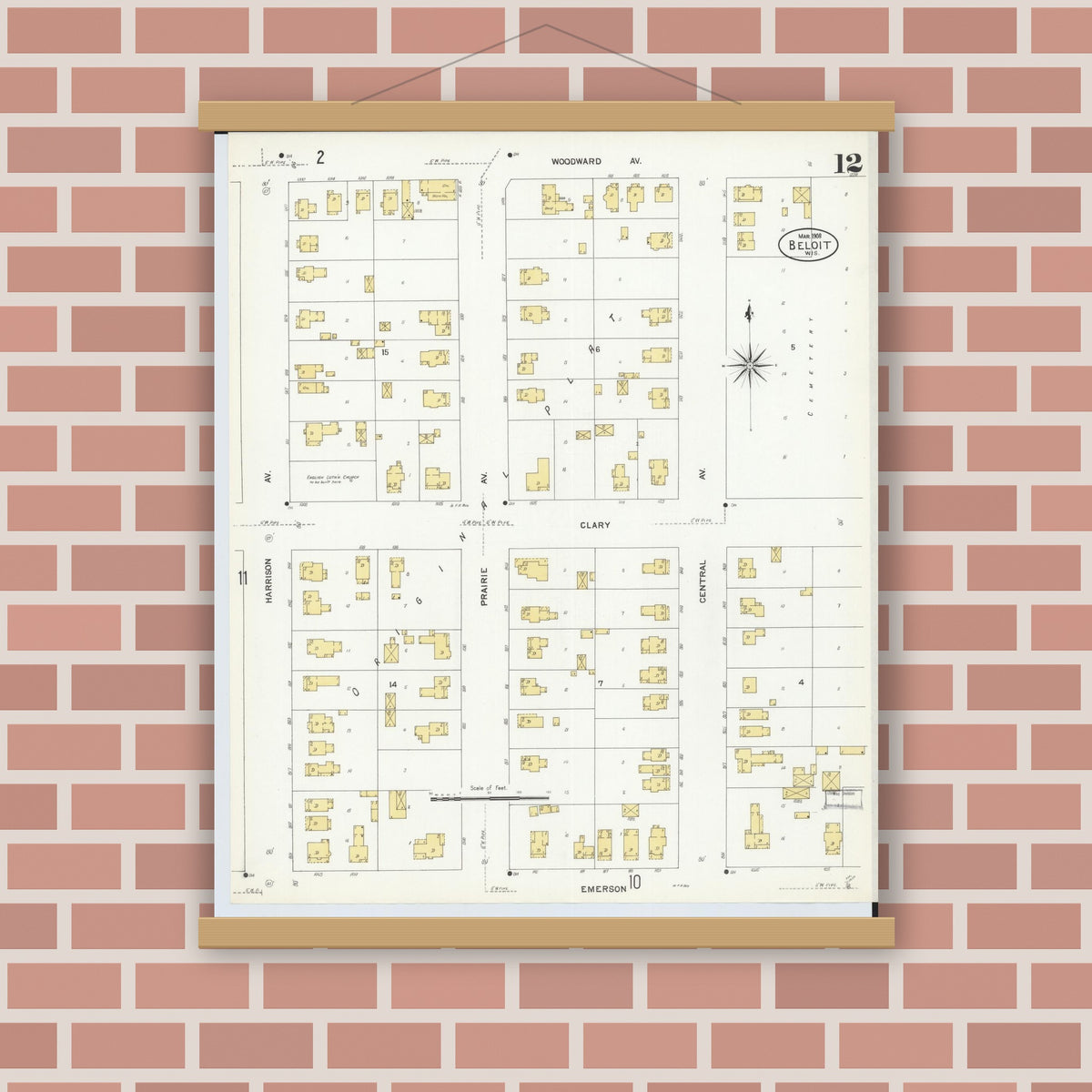 Old map wall art mockup — magnetic wood frame on brick wall — Sanborn Fire Insurance Map from Beloit, Rock County, Wisconsin (1908), Sheet #0012