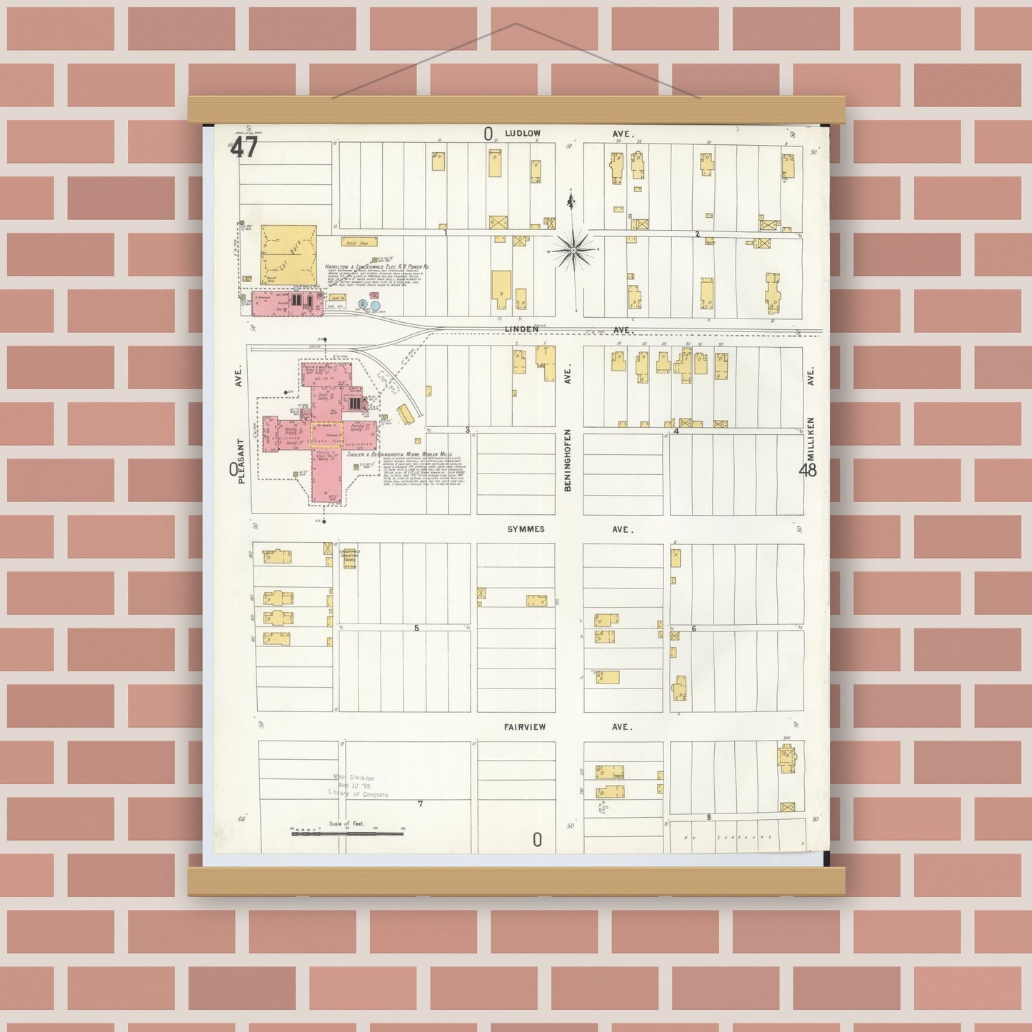 Old map wall art mockup — magnetic wood frame on brick wall — Sanborn Fire Insurance Map from Hamilton, Butler County, Ohio (1899), Sheet #0047