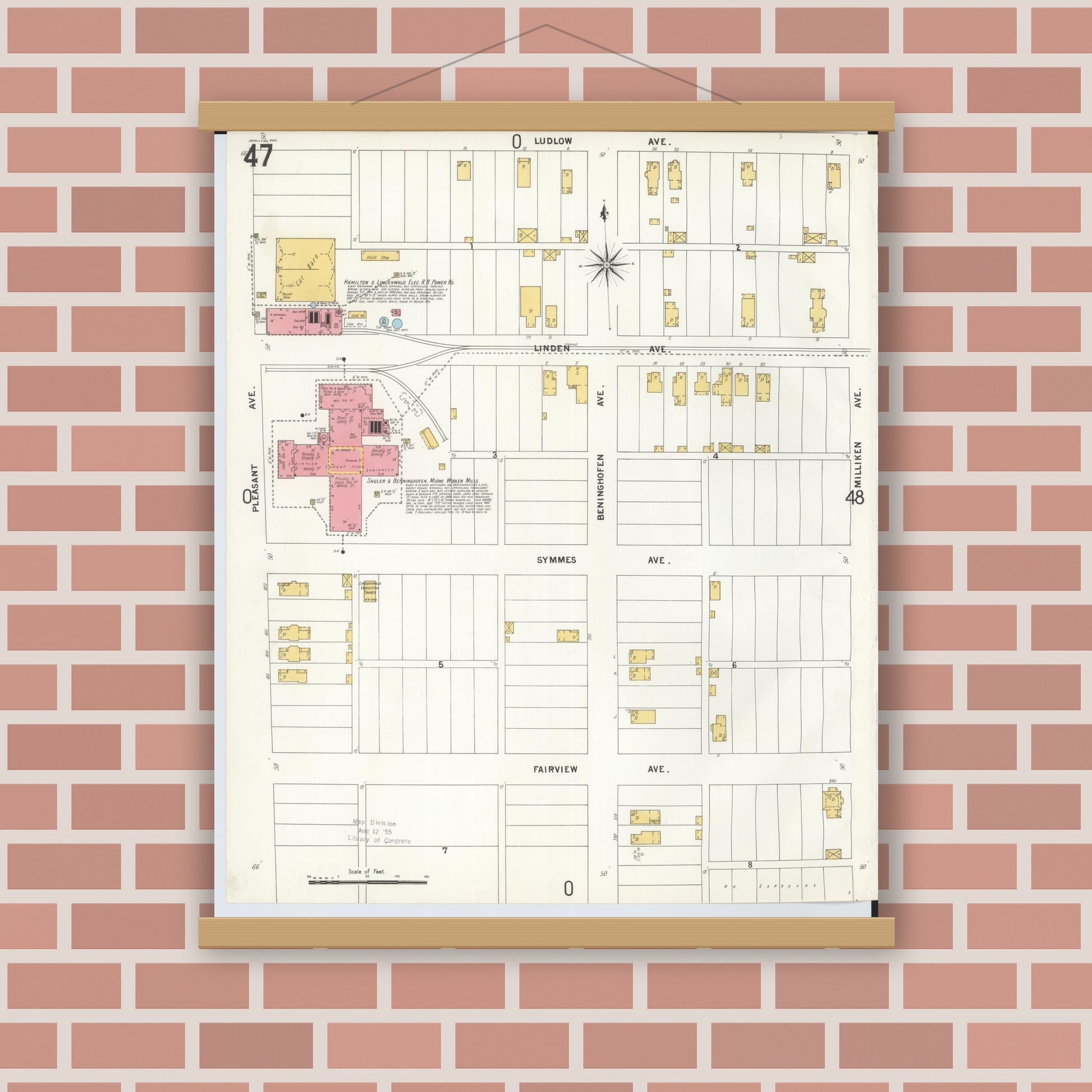Old map wall art mockup — magnetic wood frame on brick wall — Sanborn Fire Insurance Map from Hamilton, Butler County, Ohio (1899), Sheet #0047