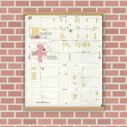 Old map wall art mockup — magnetic wood frame on brick wall — Sanborn Fire Insurance Map from Hamilton, Butler County, Ohio (1899), Sheet #0047