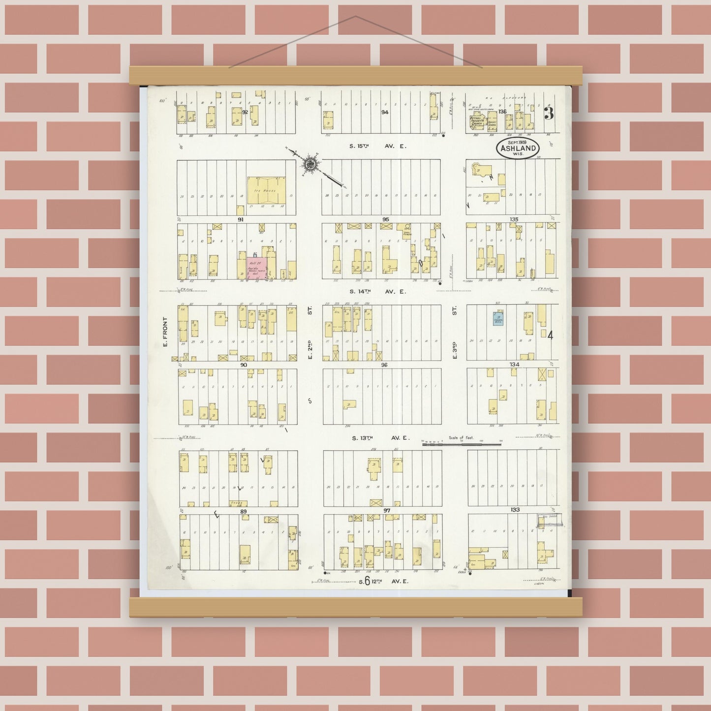 Old map wall art mockup — magnetic wood frame on brick wall — Sanborn Fire Insurance Map from Ashland, Ashland County, Wisconsin (1909), Sheet #0003