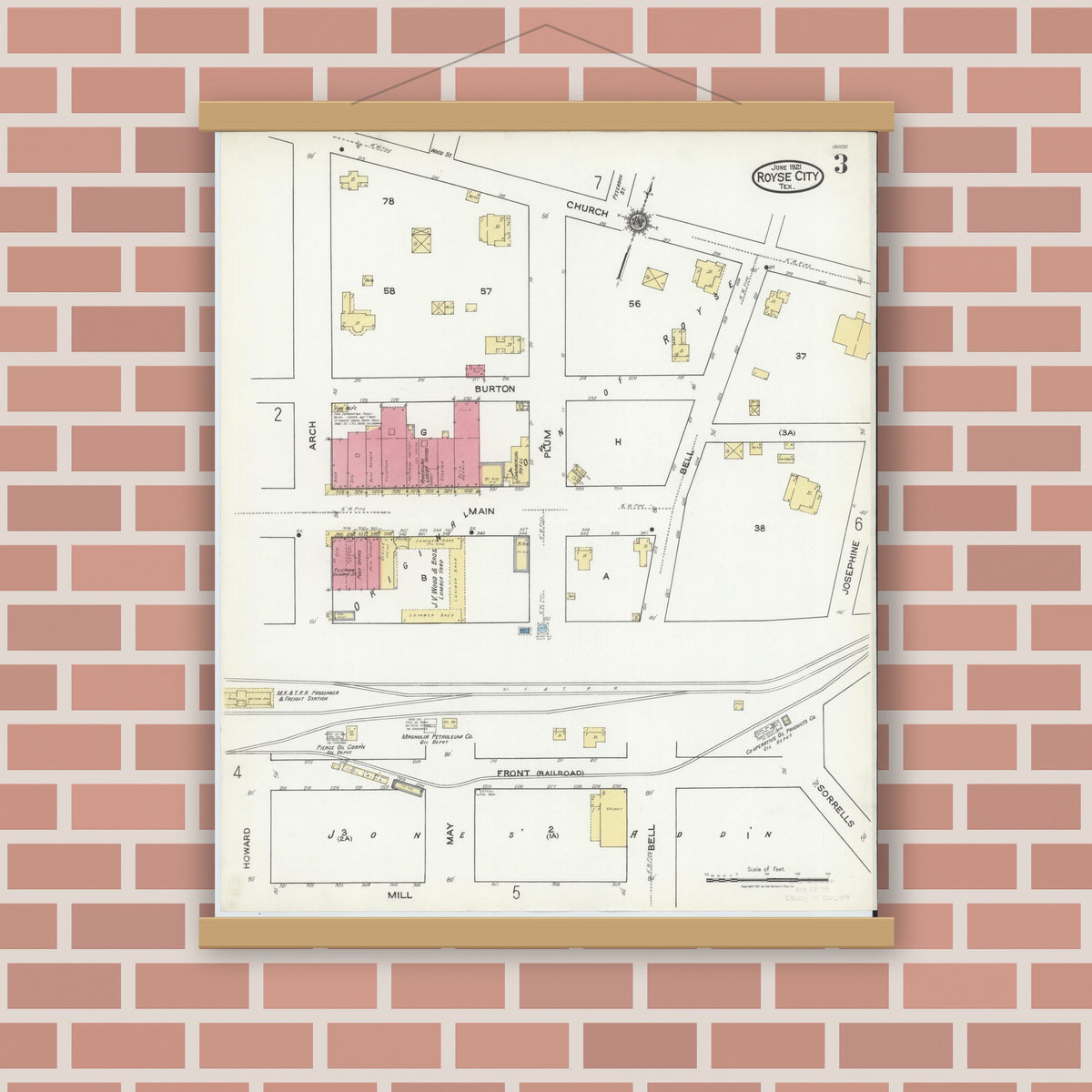 Old map wall art mockup — magnetic wood frame on brick wall — Sanborn Fire Insurance Map from Royse City, Rockwell County, Texas (1921), Sheet #0003