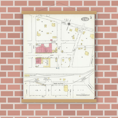 Old map wall art mockup — magnetic wood frame on brick wall — Sanborn Fire Insurance Map from Royse City, Rockwell County, Texas (1921), Sheet #0003