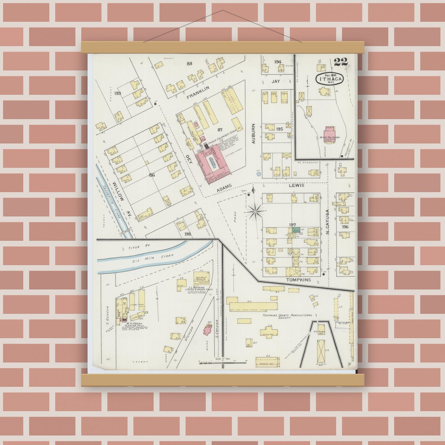 Old map wall art mockup — magnetic wood frame on brick wall — Sanborn Fire Insurance Map from Ithaca, Tompkins County, New York (1893), Sheet #0022