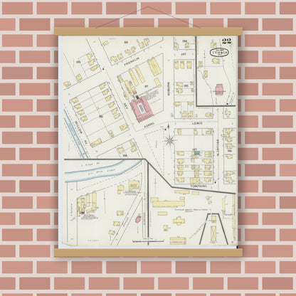 Old map wall art mockup — magnetic wood frame on brick wall — Sanborn Fire Insurance Map from Ithaca, Tompkins County, New York (1893), Sheet #0022