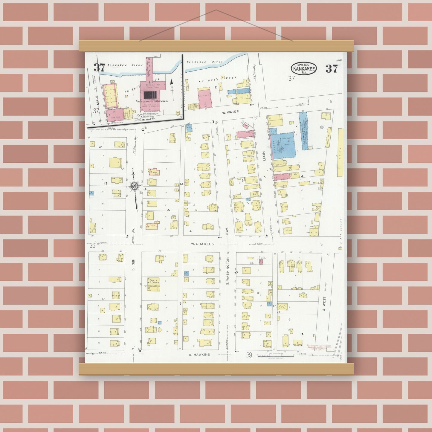 Old map wall art mockup — magnetic wood frame on brick wall — Sanborn Fire Insurance Map from Kankakee, Kankakee County, Illinois (1930), Sheet #0037