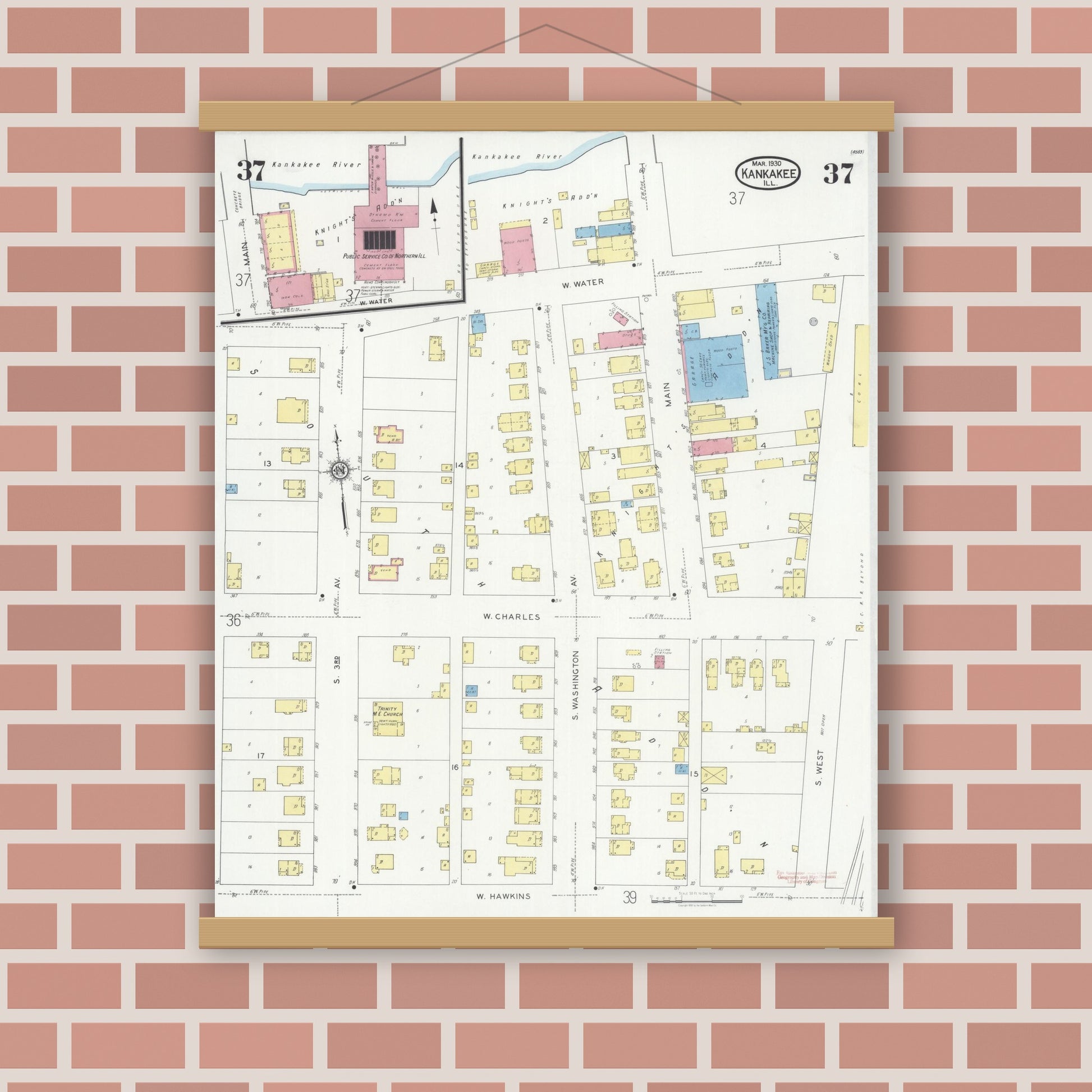 Old map wall art mockup — magnetic wood frame on brick wall — Sanborn Fire Insurance Map from Kankakee, Kankakee County, Illinois (1930), Sheet #0037