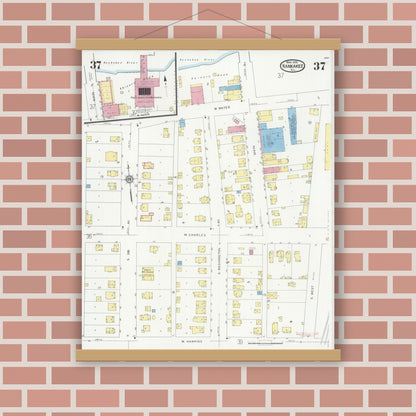 Old map wall art mockup — magnetic wood frame on brick wall — Sanborn Fire Insurance Map from Kankakee, Kankakee County, Illinois (1930), Sheet #0037