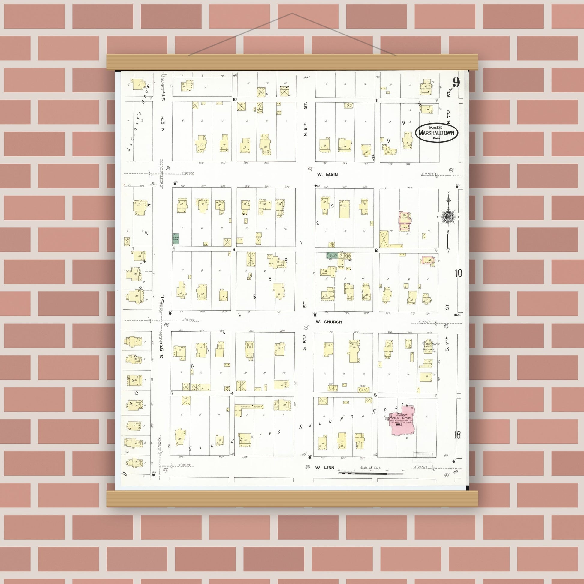 Old map wall art mockup — magnetic wood frame on brick wall — Sanborn Fire Insurance Map from Marshalltown, Marshall County, Iowa (1910), Sheet #0009