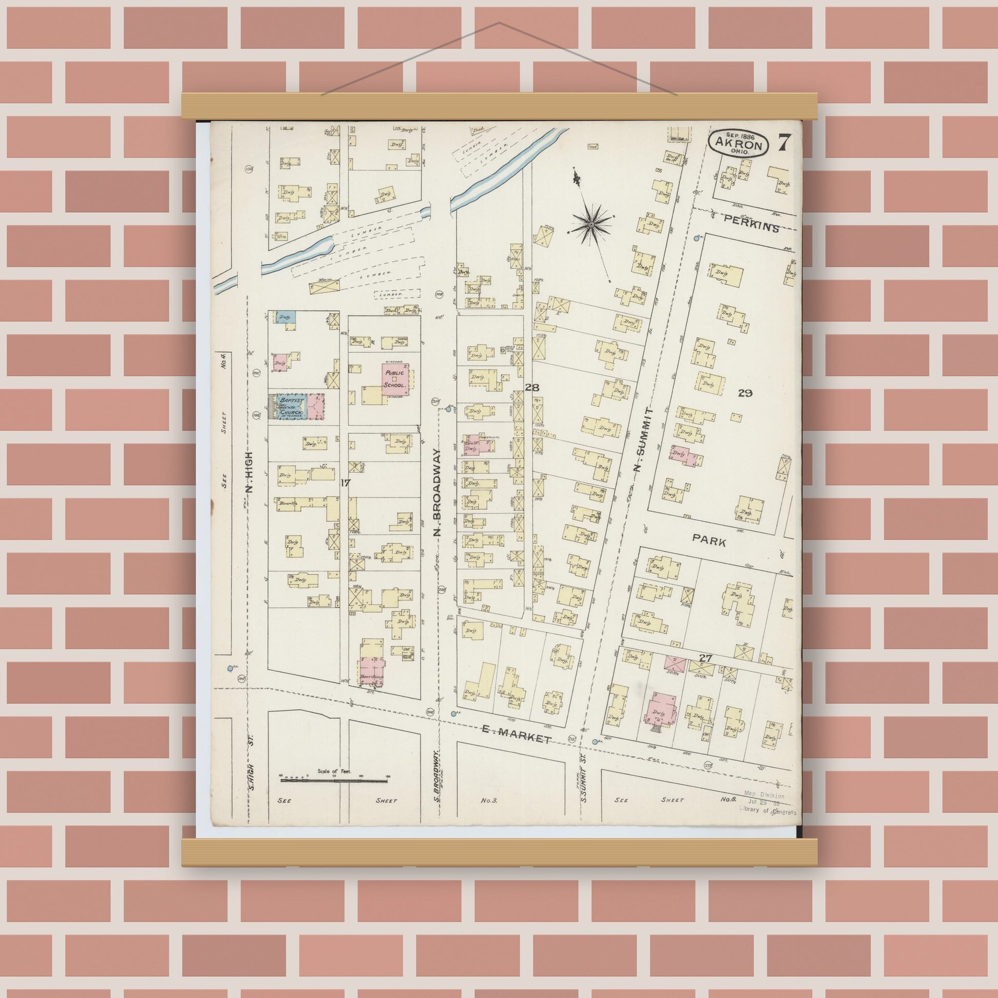Old map wall art mockup — magnetic wood frame on brick wall — Sanborn Fire Insurance Map from Akron, Summit County, Ohio (1886), Sheet #0007