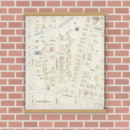 Old map wall art mockup — magnetic wood frame on brick wall — Sanborn Fire Insurance Map from Akron, Summit County, Ohio (1886), Sheet #0007