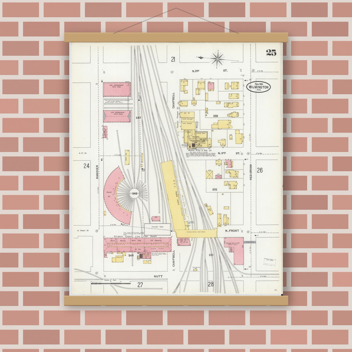 Old map wall art mockup — magnetic wood frame on brick wall — Sanborn Fire Insurance Map from Wilmington, New Hanover County, North Carolina (1904), Sheet #0025