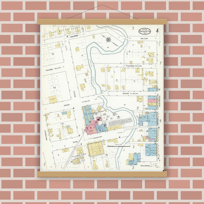 Old map wall art mockup — magnetic wood frame on brick wall — Sanborn Fire Insurance Map from Navasota, Grimes County, Texas (1912), Sheet #0004