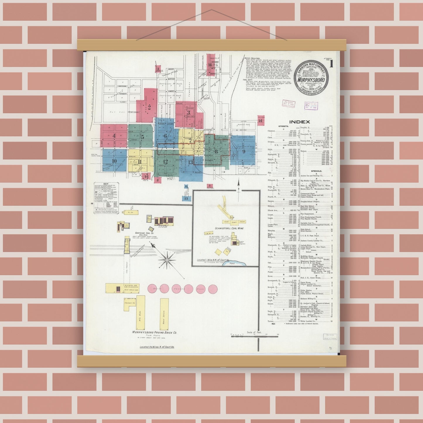 Old map wall art mockup — magnetic wood frame on brick wall — Sanborn Fire Insurance Map from Murphysboro, Jackson County, Illinois (1909), Sheet #0001