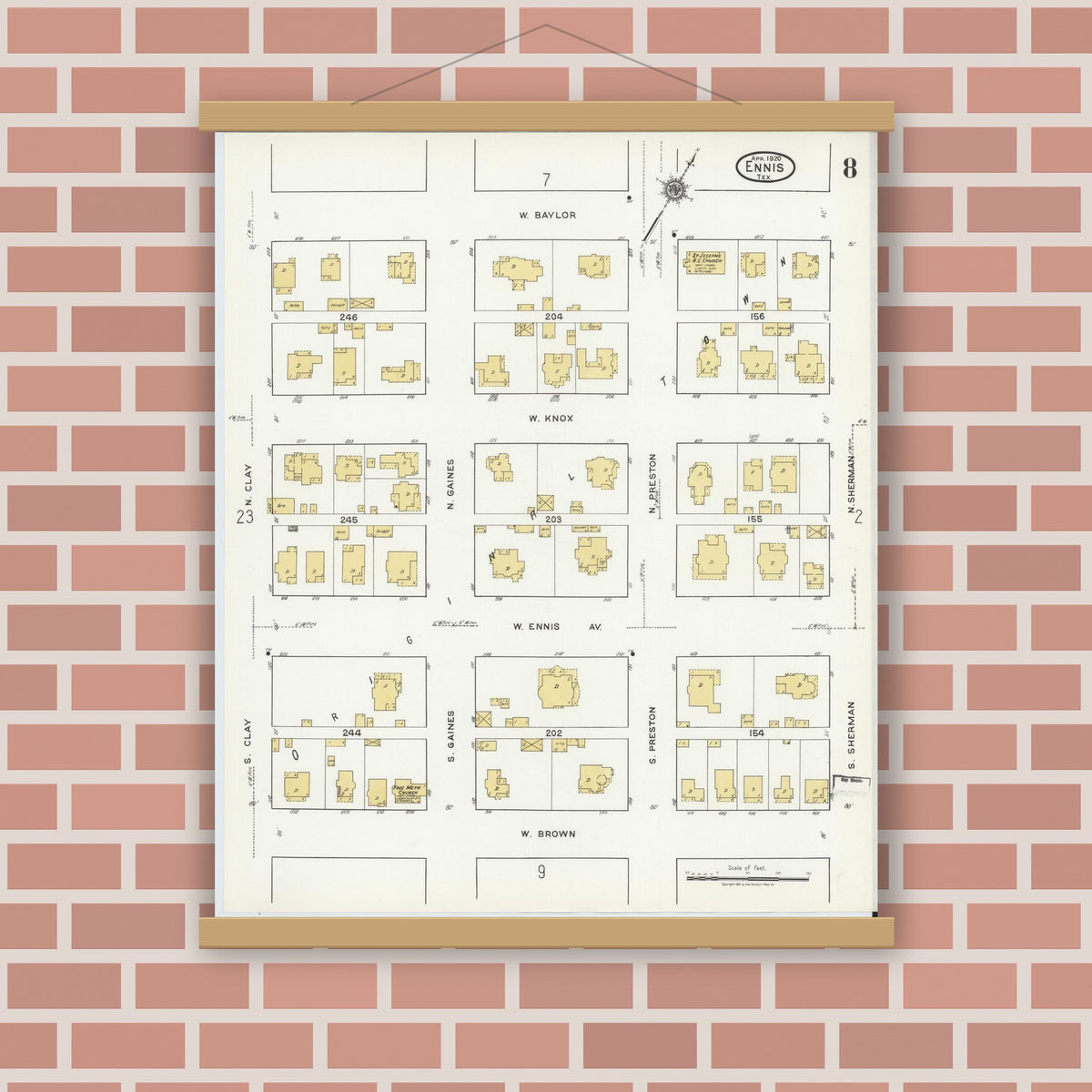 Old map wall art mockup — magnetic wood frame on brick wall — Sanborn Fire Insurance Map from Ennis, Ellis County, Texas (1920), Sheet #0008