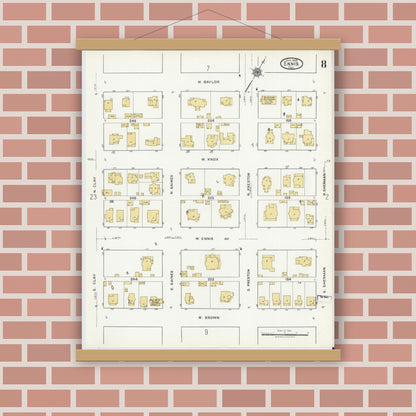 Old map wall art mockup — magnetic wood frame on brick wall — Sanborn Fire Insurance Map from Ennis, Ellis County, Texas (1920), Sheet #0008