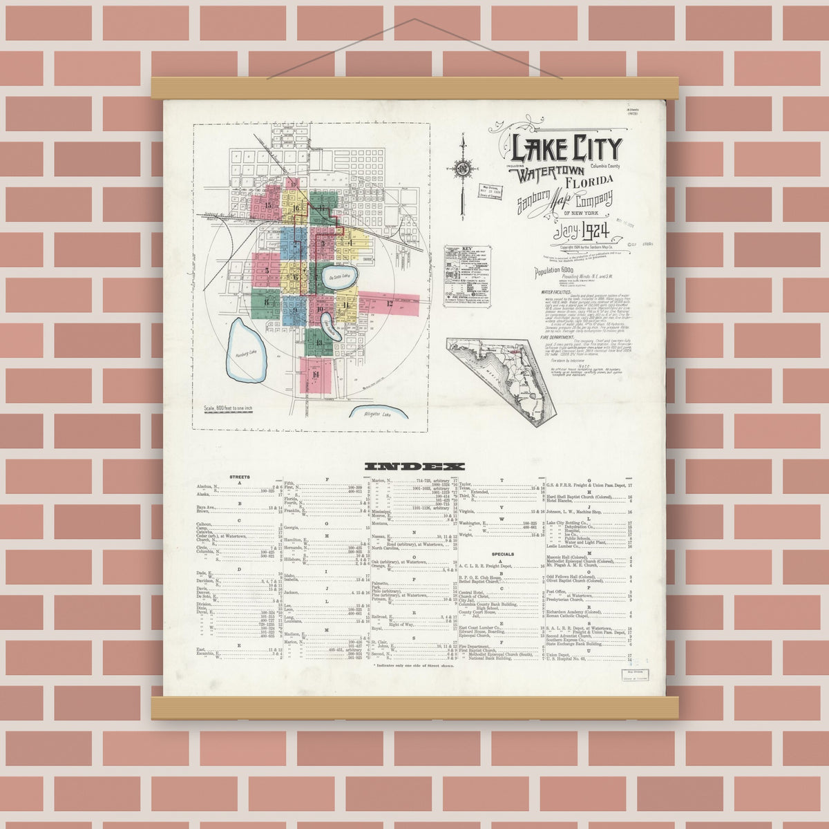 Old map wall art mockup — magnetic wood frame on brick wall — Sanborn Fire Insurance Map from Lake City, Columbia County, Florida (1924) - Complete Map Set
