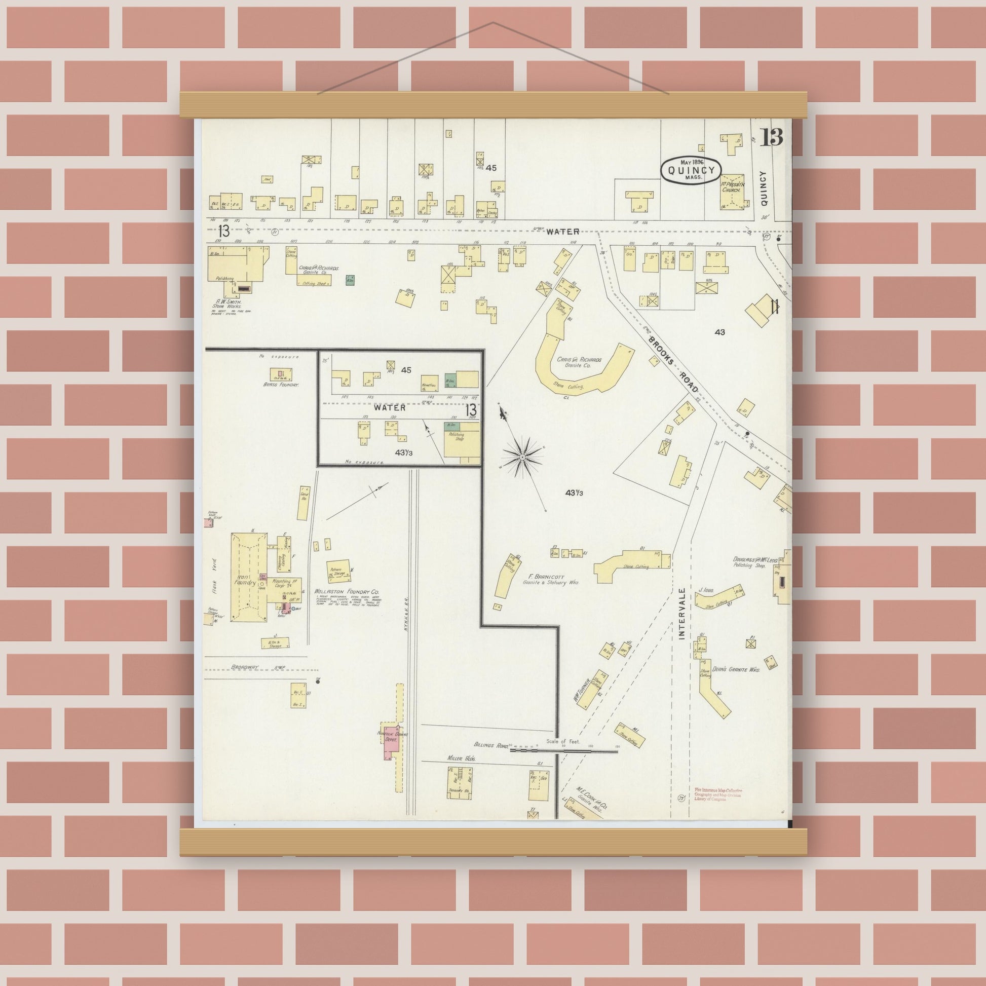 Old map wall art mockup — magnetic wood frame on brick wall — Sanborn Fire Insurance Map from Quincy, Norfolk County, Massachusetts (1896), Sheet #0013