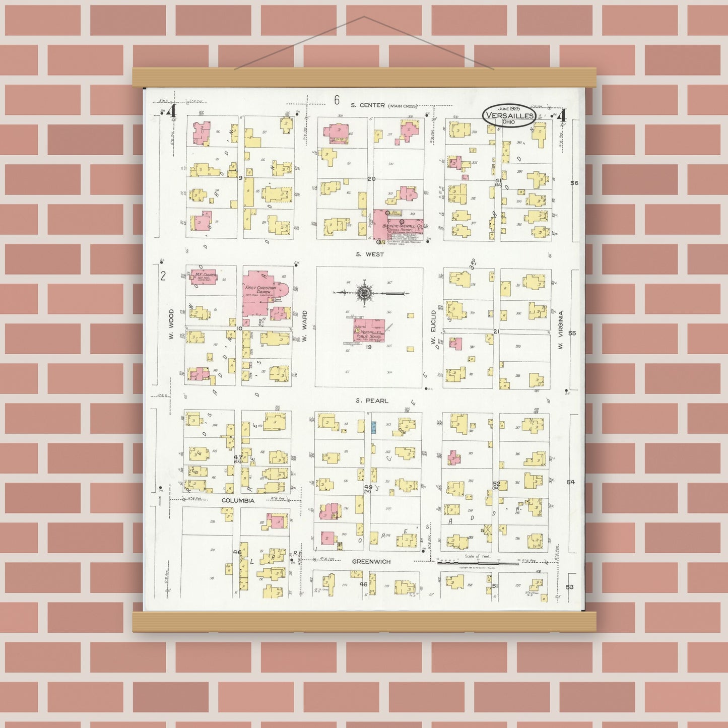 Old map wall art mockup — magnetic wood frame on brick wall — Sanborn Fire Insurance Map from Versailles, Darke County, Ohio (1925), Sheet #0004