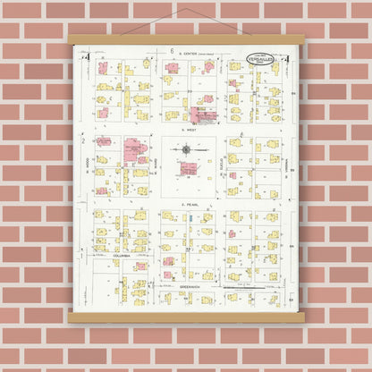 Old map wall art mockup — magnetic wood frame on brick wall — Sanborn Fire Insurance Map from Versailles, Darke County, Ohio (1925), Sheet #0004