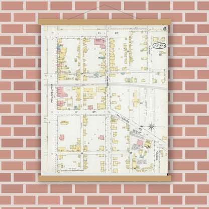 Old map wall art mockup — magnetic wood frame on brick wall — Sanborn Fire Insurance Map from Indiana, Indiana County, Pennsylvania (1892), Sheet #0006