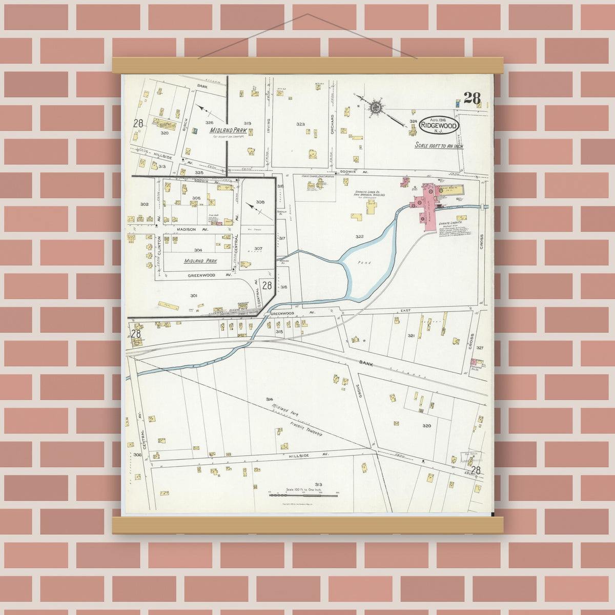 Old map wall art mockup — magnetic wood frame on brick wall — Sanborn Fire Insurance Map from Ridgewood, Bergen County, New Jersey (1916), Sheet #0028