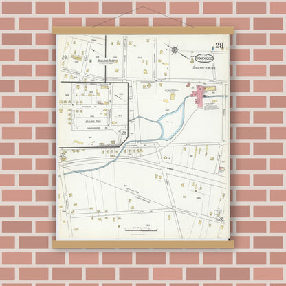 Old map wall art mockup — magnetic wood frame on brick wall — Sanborn Fire Insurance Map from Ridgewood, Bergen County, New Jersey (1916), Sheet #0028